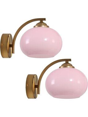 Set of 2 Pink Globe Wall Sconces - Antique Brass Mid Century Modern Lighting